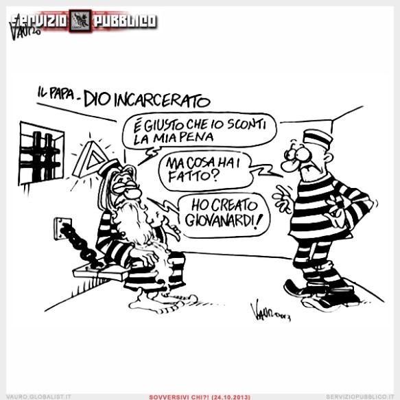 Una delle vigentte di Vauro proposte ieri e Servizio Pubblico