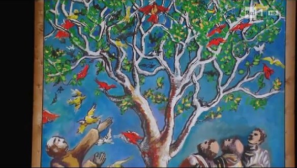 San Francesco parla agli uccelli (scenografia dipinta dallo stesso Fo)