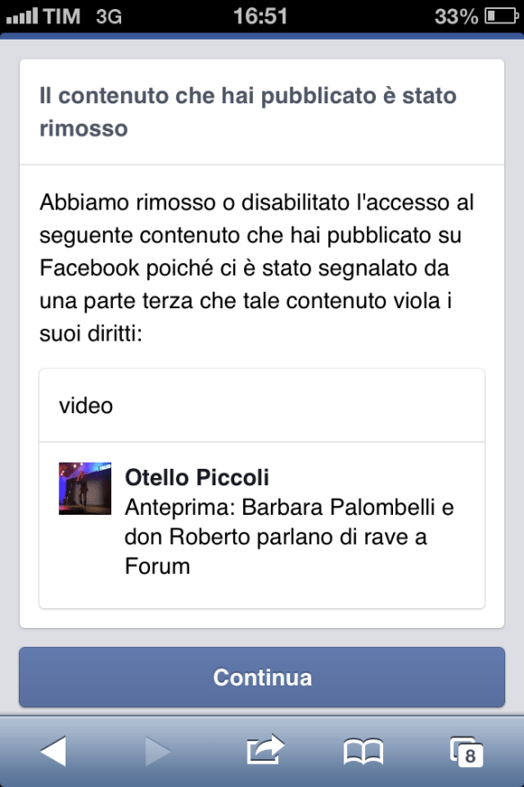 La notifica della rimzione del video